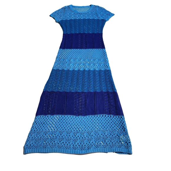 Knit Mix Crochet Open Knit See Thru Maxi Dress Size L Blue Stripe Beach Festival - Picture 5 of 14